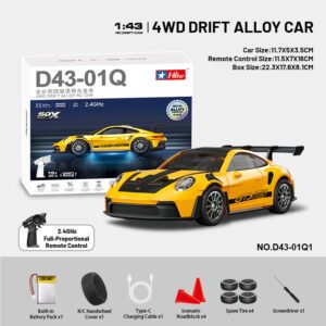 HStar D43-01Q1 4WD Alloy Drift RC Car RTR with Gyro LED Lights Scale 1:43 GT3 RS - Yellow
