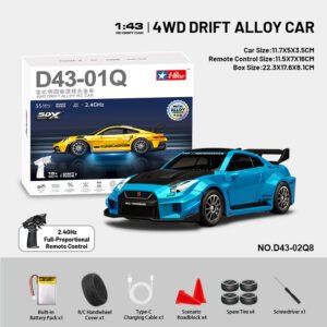 HStar D43-02Q8 4WD Alloy Drift RC Car RTR with Gyro LED Lights Scale 1:43 GTR R35 - Metallic Blue